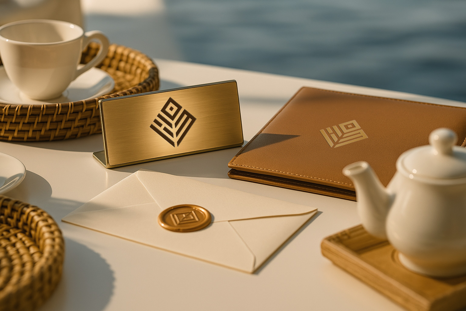 Luxury branding materials designed by a marketing agency in Jamaica with gold accents and premium packaging.